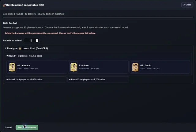 Batch window: choose the round count and expand the player lists before starting. This preview has not submitted any players.