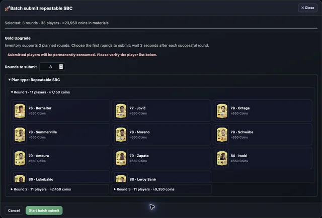 Batch window: choose the round count and expand the player lists before starting. This preview has not submitted any players.