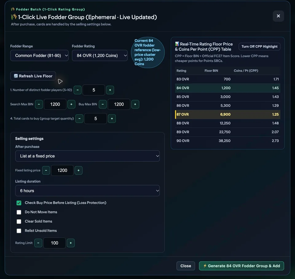 Bulk fodder: generate a live rating group