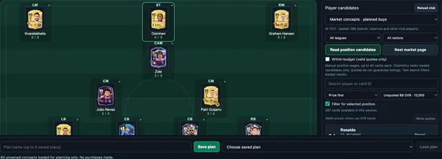 Plan with market concepts; save and load drafts at the bottom.